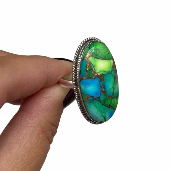 Peacock Dahlia Turquoise Ring Size 7 Solid 925 Sterling Silver Oval Green Blue - Picture 5 of 7